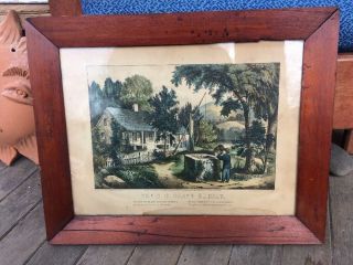Antique Framed Hand Colored Currier & Ives Lithograph The Old Oaken Bucket 1872