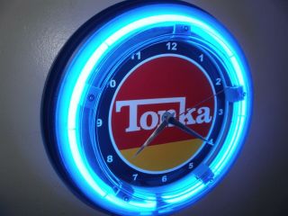 Tonka Trucks Cars Toy Store Advertising Man Cave Blue Neon Wall Clock Sign
