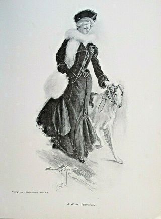Harrison Fisher,  Pretty Lady,  Winter Promenade,  Wolfhound,  1907 Antique Print