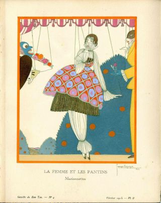 1913 Gazette Bon Ton Pochoir Fashion Print La Femme Et Pantins,  Lepape