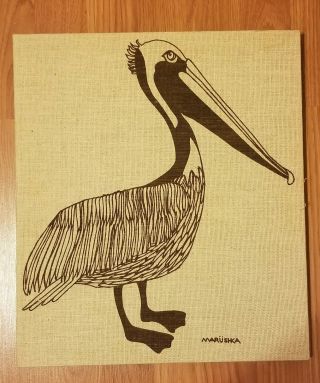 Vintage Marushka Pelican Stretched Fabric Silk Screen Print Framed Mcm Pop Art