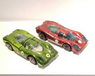 Two Hot Wheels Redline 1969 Porsche 917 Metallic Lime Green And Red