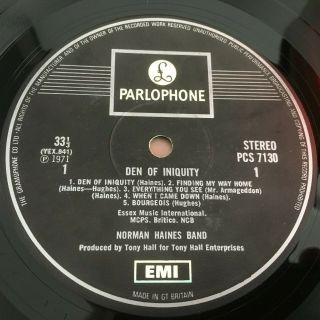 NORMAN HAINES BAND DEN OF INIQUITY 1971 UK LP VINYL 1ST PRESS PARLOPHONE PCS7130 6