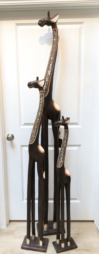 Giraffe Tall Statues Set Of 3 Wood Hand Carved Painted Bali Art By Zenda Imports
