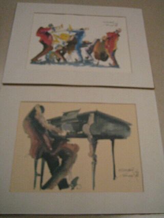 2 Signed Leo Meiersdorf 1934 - 1994 Watercolor Litho Jazz Players Orleans Art