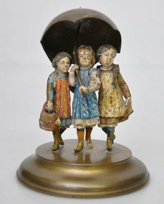 Antique Vienna Cold Painted Bronze Figurine 3 School Girls With Umbrella 5 1/4 "