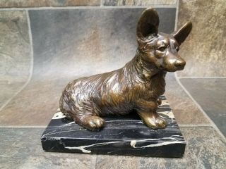 Rare Antique Bronze Corgi Dog Statue On Marble Base.  Signed.