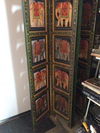 Four Panel Elephant “screen” Or Room Divider.  Wood & Metal Hand Painted