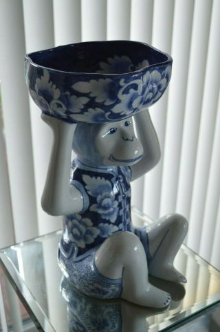Vintage Fine Porcelain Art Statue Monkey Hand Painted Cobalt Blue Signed