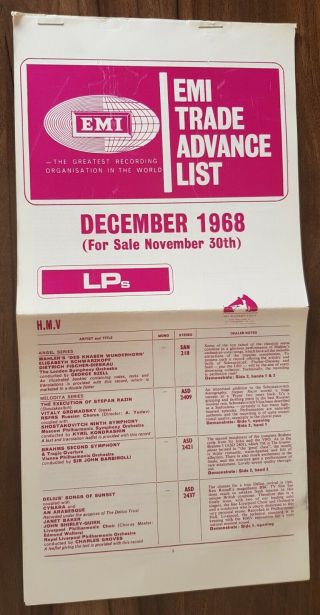 Feat The Beatles,  Tyrannosaurus Rex,  Ray Charles - Emi Dec 68 Trade Advance List