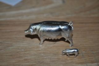 Miniature Sterling Silver Pig And Piglet For Farm Scene Diorama