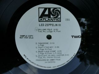 RARE 1970 LED ZEPPELIN III ATLANTIC DJ MONAURAL WHITE LABELS VINYL LP 7