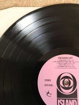 NICK DRAKE Five Leaves Left LP.  V Rare 1st UK Press 1969 Stunning 11