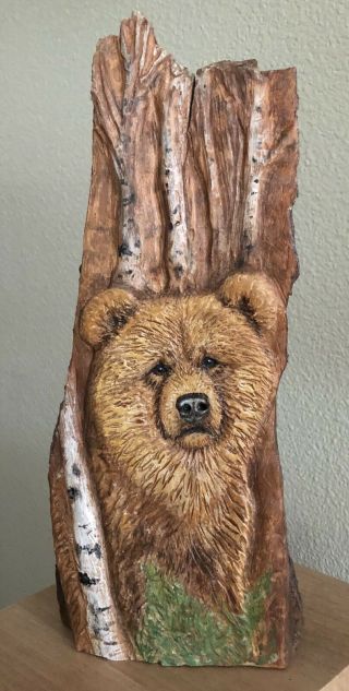 Wood Carved Rustic Big Bear In Forest Wall Or Shelf Sitter Lisa Rogers Carving