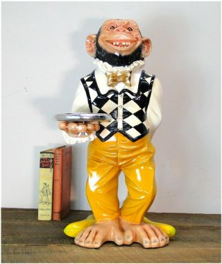 Monkey Butler Ape Statue W Silver Tray Suit Bow Tie For Bar Kitchen 2 Foot Tall