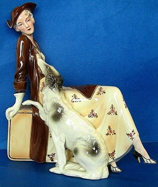 Rare Early Hertwig / Katzhutte Art Deco 8 1/2 " Lady W/ Borzoi Dog German 1935