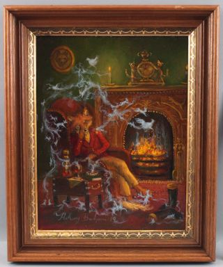 Authentic ANTHONY BARHAM Oil Painting Sleeping FOX,  Tobacco Pipe & Smoke Animals 2