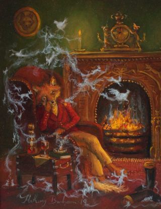 Authentic ANTHONY BARHAM Oil Painting Sleeping FOX,  Tobacco Pipe & Smoke Animals 3