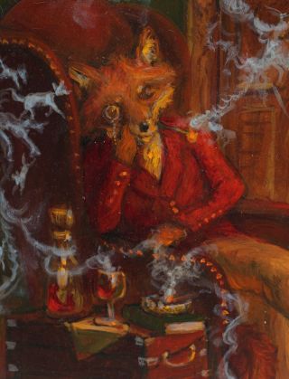 Authentic ANTHONY BARHAM Oil Painting Sleeping FOX,  Tobacco Pipe & Smoke Animals 4