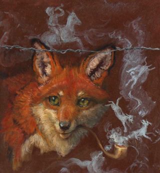 Authentic ANTHONY BARHAM Oil Painting Sleeping FOX,  Tobacco Pipe & Smoke Animals 7