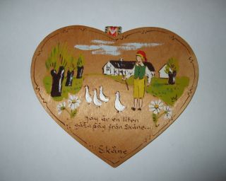 Vintage Scandinavian Folk Art Painting On Wooden Heart,  Skane Sweden