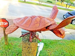 X - Large Gorgeous Handcarved Mahogany Wood Turtle Statue With Removable Fins