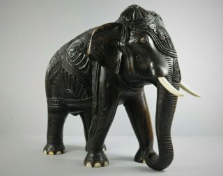 Large Antique Indian Carved Hardwood & Bovine Bone Elephant