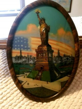 Antique Statue Of Liberty Reverse Painting W Foil Primitive Folk Art Americana