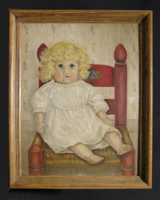 Early To Mid 20th C Folk Art Painting Spooky Doll In Primitive Chair,  Anonymous