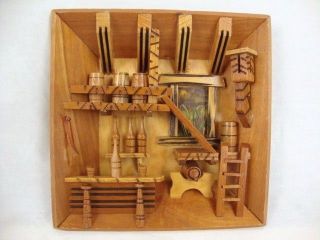 Wooden Folk Wall Art Diorama 3 D Picture Box Hand Crafted 7x7x1 Mexico Vintage