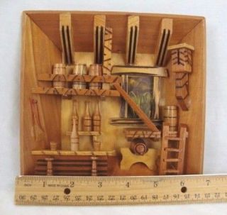 Wooden Folk Wall Art Diorama 3 D PICTURE BOX Hand Crafted 7x7x1 Mexico Vintage 2