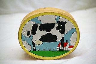 Old Vintage Folk Art Whimsical Wooden Box Dairy Cow Farm Scene 1982 Vernon Wood