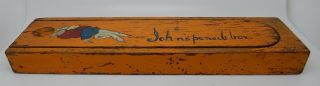 Charming Antique English Wooden Pencil Box With Hand Painted Student Rabbit