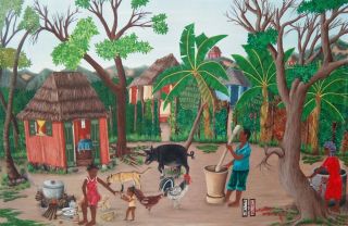 Haitian Folk Art Naif Painting Henry Jehova Haiti Family Farm 16x24