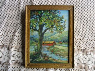 Vintage Framed Signed Naive Vermont Landscape Oil On Board Painting