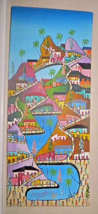1970s/80s Jacmel Haitian Painting Hillside Village Signed By Emmanuel Jn Baptist