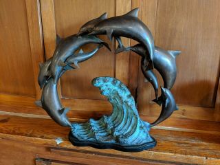 Large Dolphin Bronze Sculpture Aquatic Art Statue Sea Creatures 23 " Ocean Scene