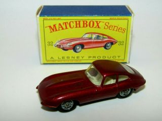 Lesney Matchbox No 32 E - Type Jaguar Dark Dull Metallic Red Exc - N D Box