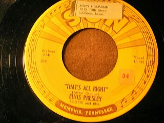 Rare 1st Pressing Elvis Presley Sun 45 W/ Press Points " That 