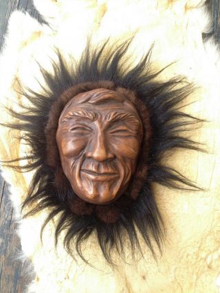 Vintage Eskimo Inuit Carved Wood Mask /face Wall Hanging,  Fur Trim