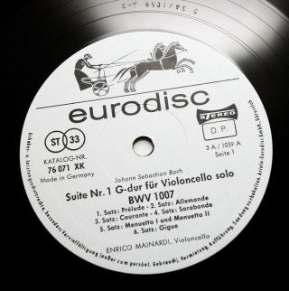ENRICO MAINARDI J.  S.  Bach cello solo suites eurodisc STEREO 76069 XK 4 LP Box 3