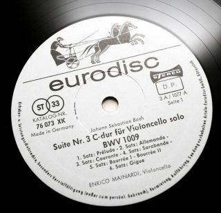 ENRICO MAINARDI J.  S.  Bach cello solo suites eurodisc STEREO 76069 XK 4 LP Box 4