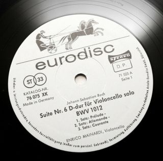 ENRICO MAINARDI J.  S.  Bach cello solo suites eurodisc STEREO 76069 XK 4 LP Box 5