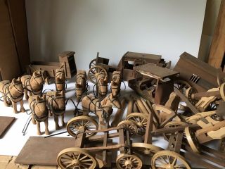 Vintage 11 Folk Art Horses & Oxen Hand - Carved Wood Carts & Wagons Outsider Craft