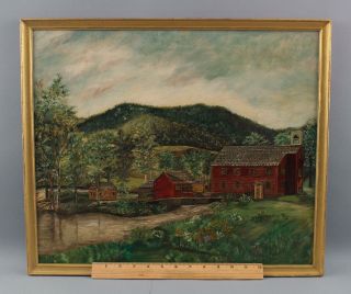 Antique C1900 American Folk Art Oil Painting England Schoolhouse Landscape