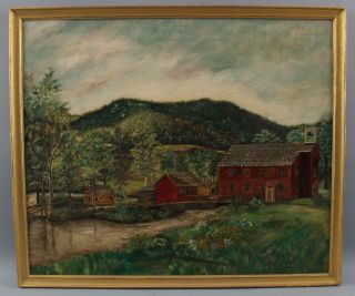 Antique c1900 American Folk Art Oil Painting England Schoolhouse Landscape 2