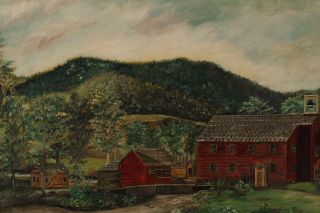 Antique c1900 American Folk Art Oil Painting England Schoolhouse Landscape 3