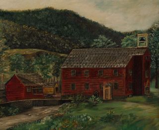 Antique c1900 American Folk Art Oil Painting England Schoolhouse Landscape 4