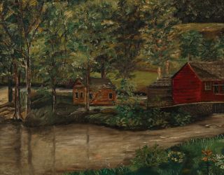 Antique c1900 American Folk Art Oil Painting England Schoolhouse Landscape 5