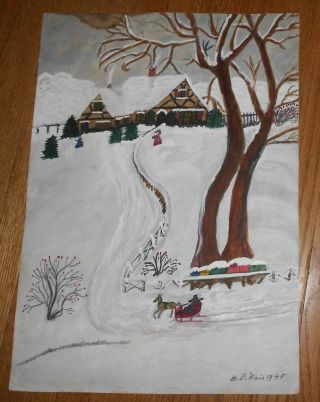 1945 Vintage Folk Painting Winter Scene Signed M.  P.  Wais